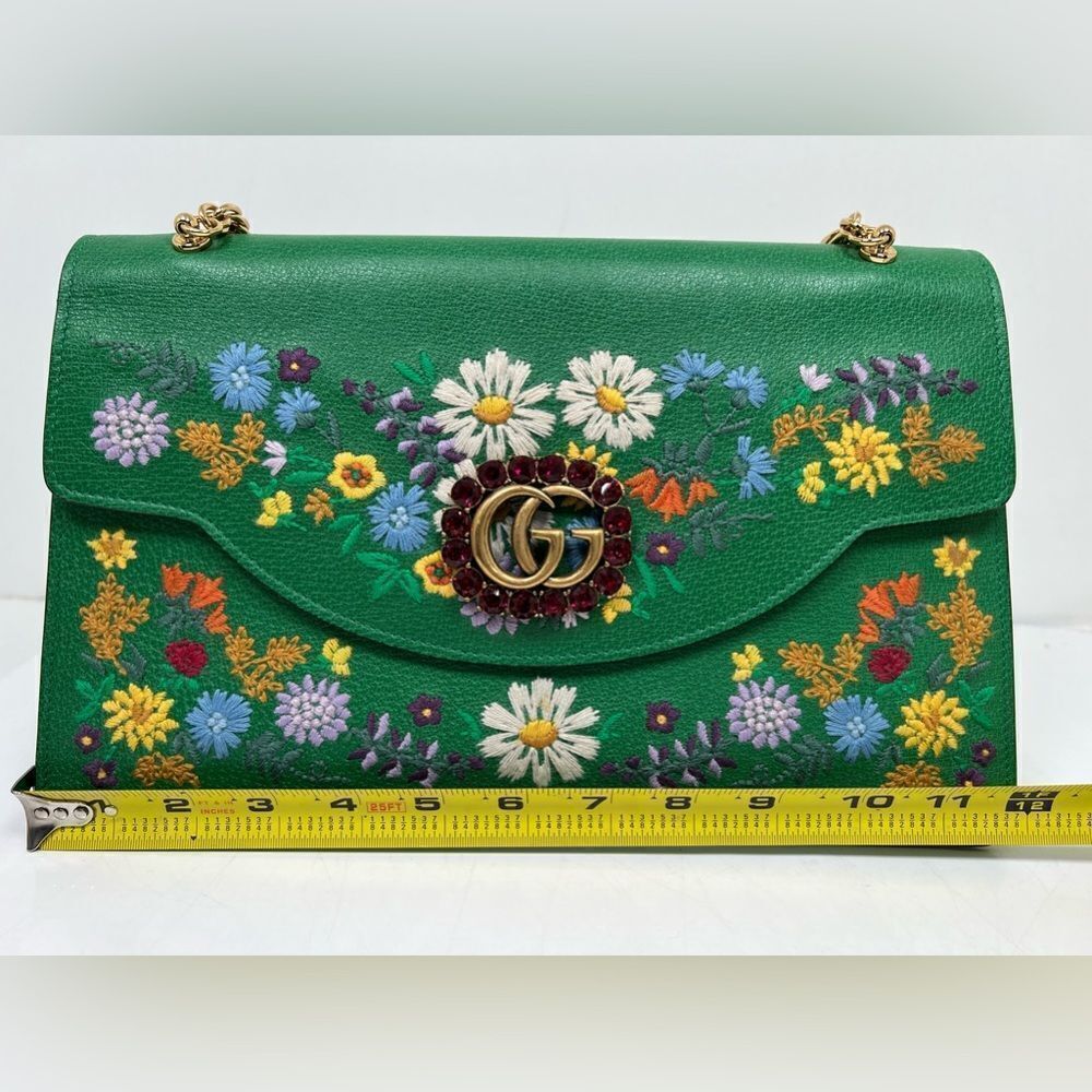 Gucci Linea Ricami Shoulder Bag Embroidered Leather Green Cat - Picture 11 of 13